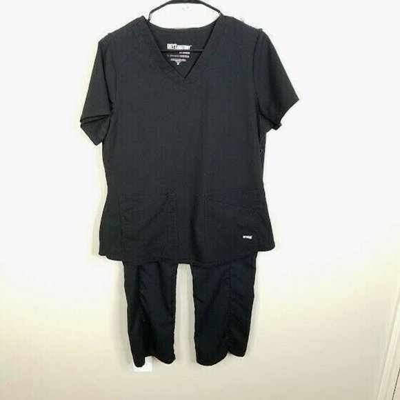 Greys Anatomy By Barco Womens Black Scrub Set Size Medium Stretch Top Pants - Picture 1 of 12